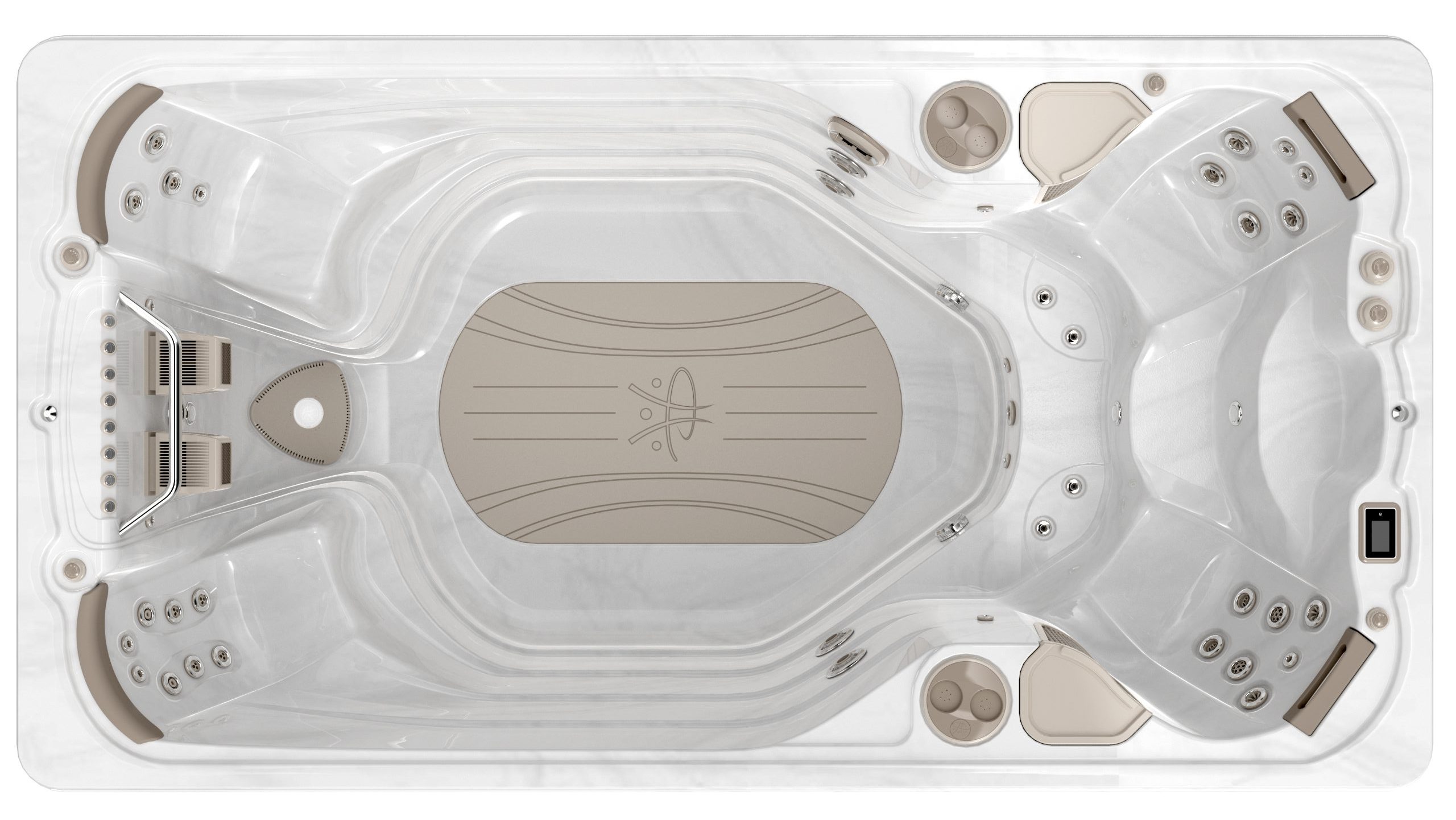 Top View of Hydropool 14 foot swim spa AquaTrainer 14AX showing jet and seating configuration
