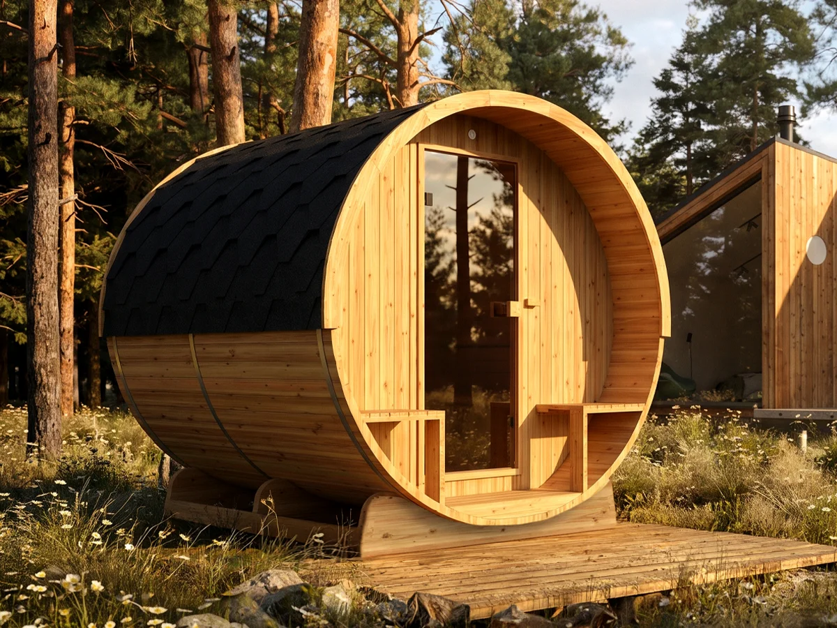 Hekla barrel sauna in woodland area